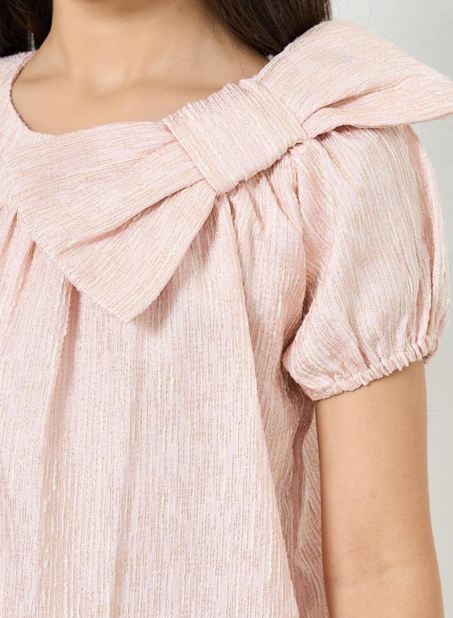 Styli Girls Pink A-Line Dress with Bow Detail - Image 2